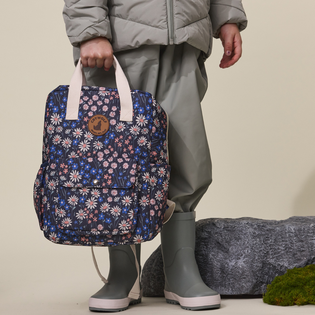 A person holding a blue floral backpack, showcasing outdoor clothing styles in an indoor setting. 