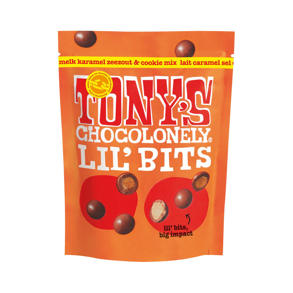 Tony's Chocolonely - Lil' Bits - Caramel Sea Salt & Cookie Mix. Orange packet with round chocolate pieces