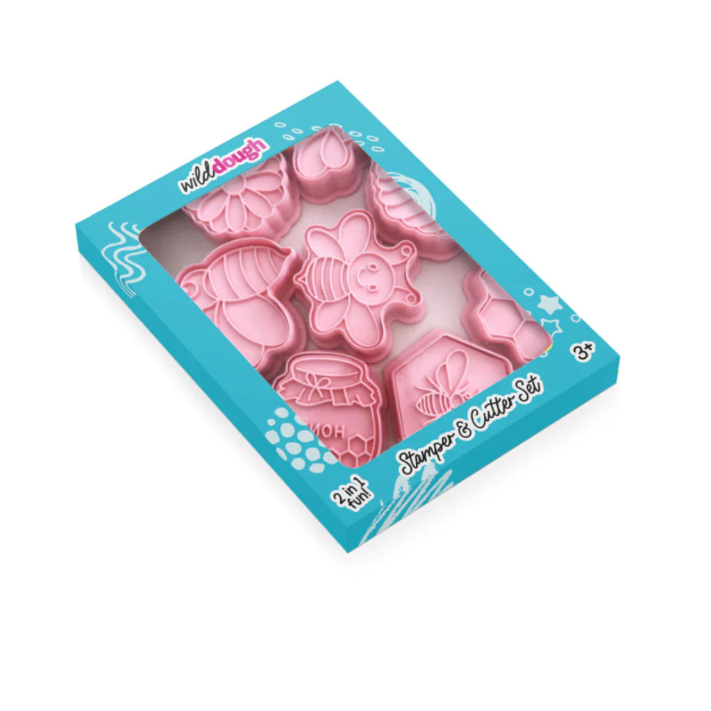 Wild Dough - Stamper & Cutter Set - Bees and flowers, Pink shapes in a blue box