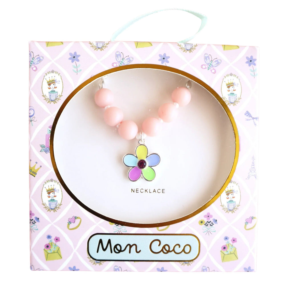 Mon Coco - Rainbow Flower Necklace for children. With a rainbow charm and pink beads in a box