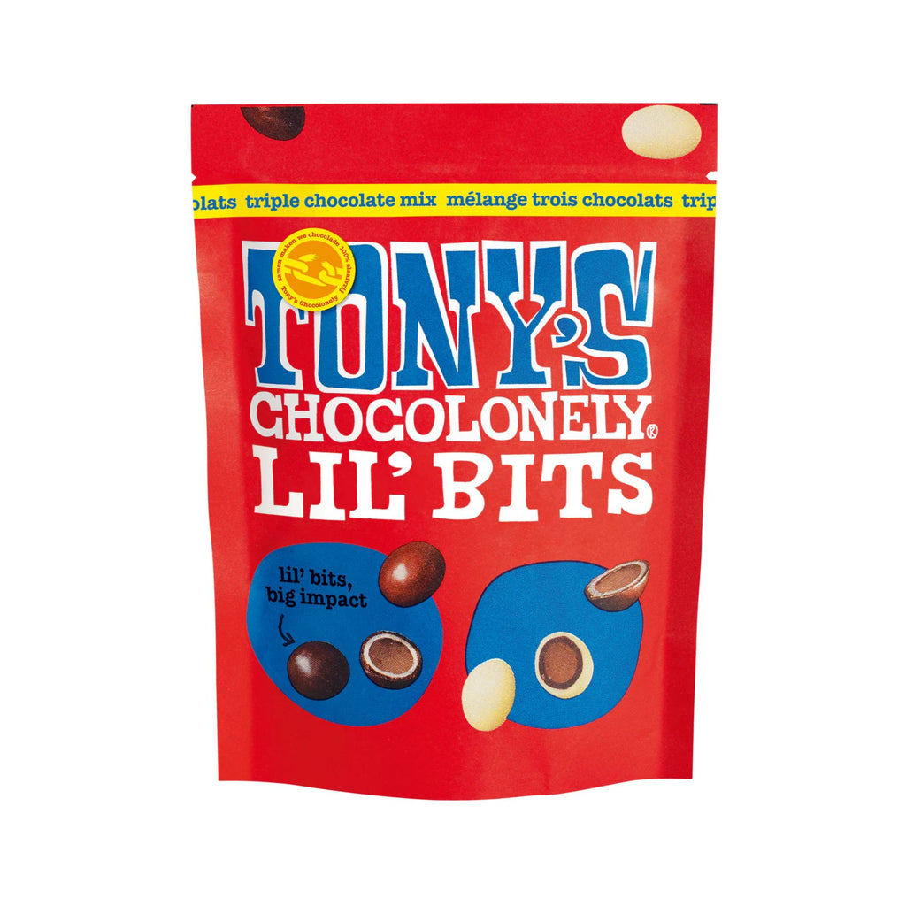 Tony's Chocolonely - Lil' Bits - Triple Choc Mix. Red packet with round chocolate pieces