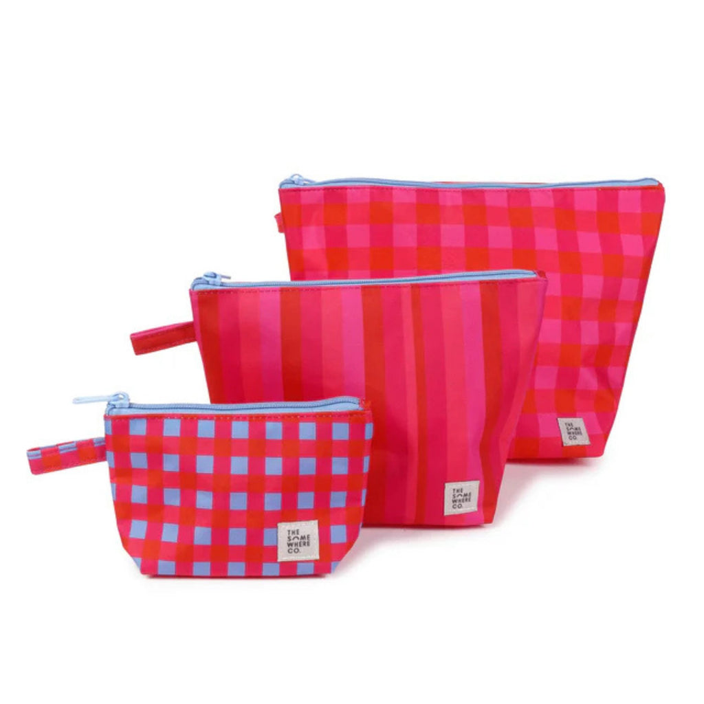 Cherry Pie Handy Pouch Trio - Set of 3 cosmetic pouches in bright pink stripes and checks