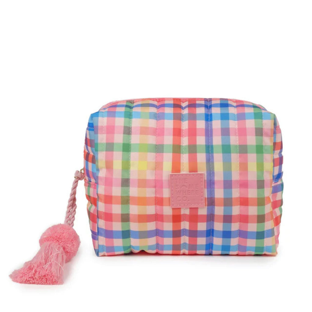 Cosmetic Case - Sugarplum by Somewhere Co. In coloured check/stripes with a pink tasstle