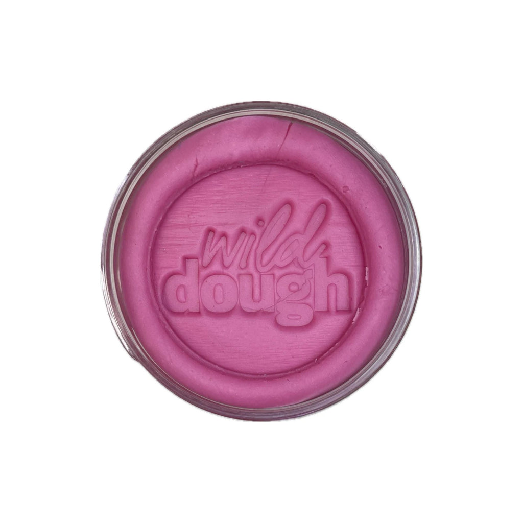 Wild Dough - Scented Playdough Pottle in Flamingo Pink. A round jar with logo printed on the dough