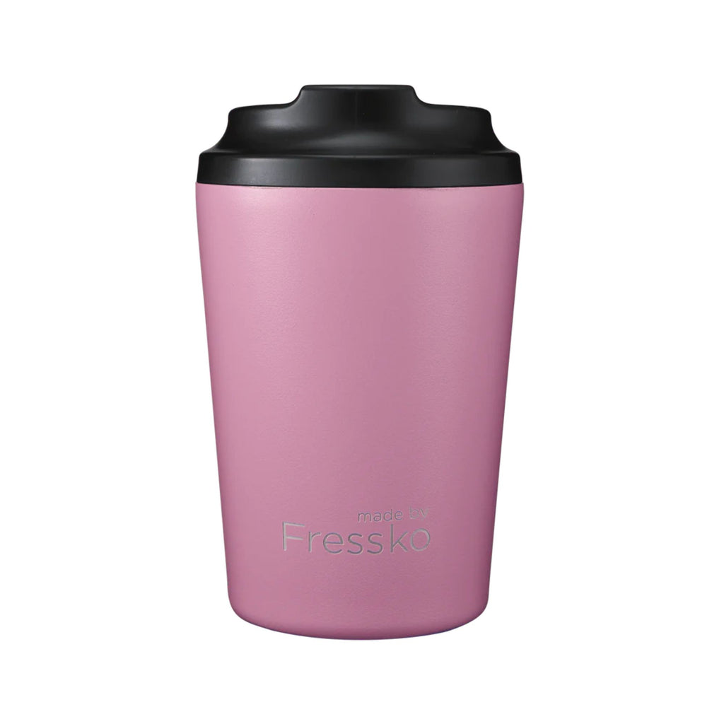 Fressko - Reusable Cup - Camino 12oz in Bubblegum colour. A pink coffee cup with a black lid