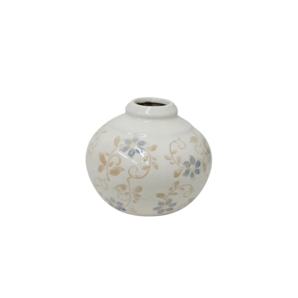 Anais round ceramic vase with blue flowers painted on