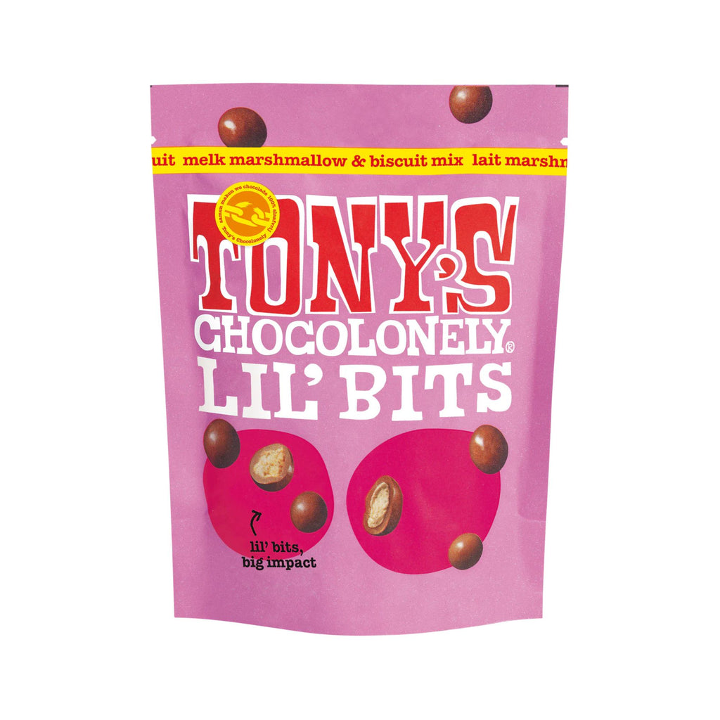 Tony's Chocolonely - Lil' Bits - S'mores Mix, Pink packet with with round chocolate pieces