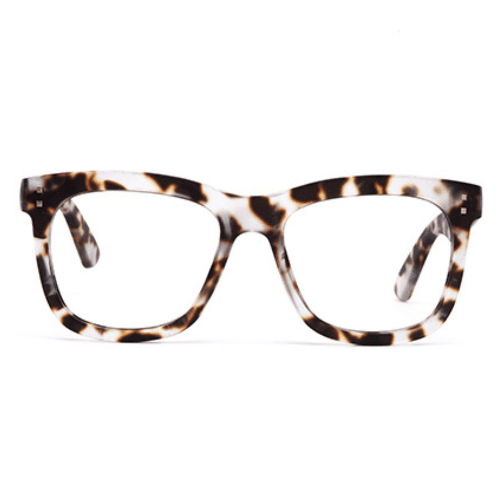 Reading glasses with a light tort print thick frame. Against a white background