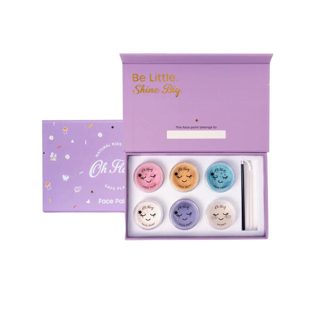 Kids facepaint set of 6 paints and applicators in a purple box. Against a white background