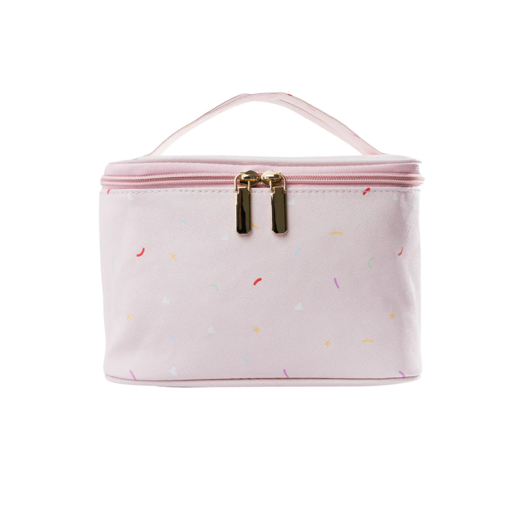 Pink cosmetic case with sprinkles and gold hardware. Zips at the top. Against a white background