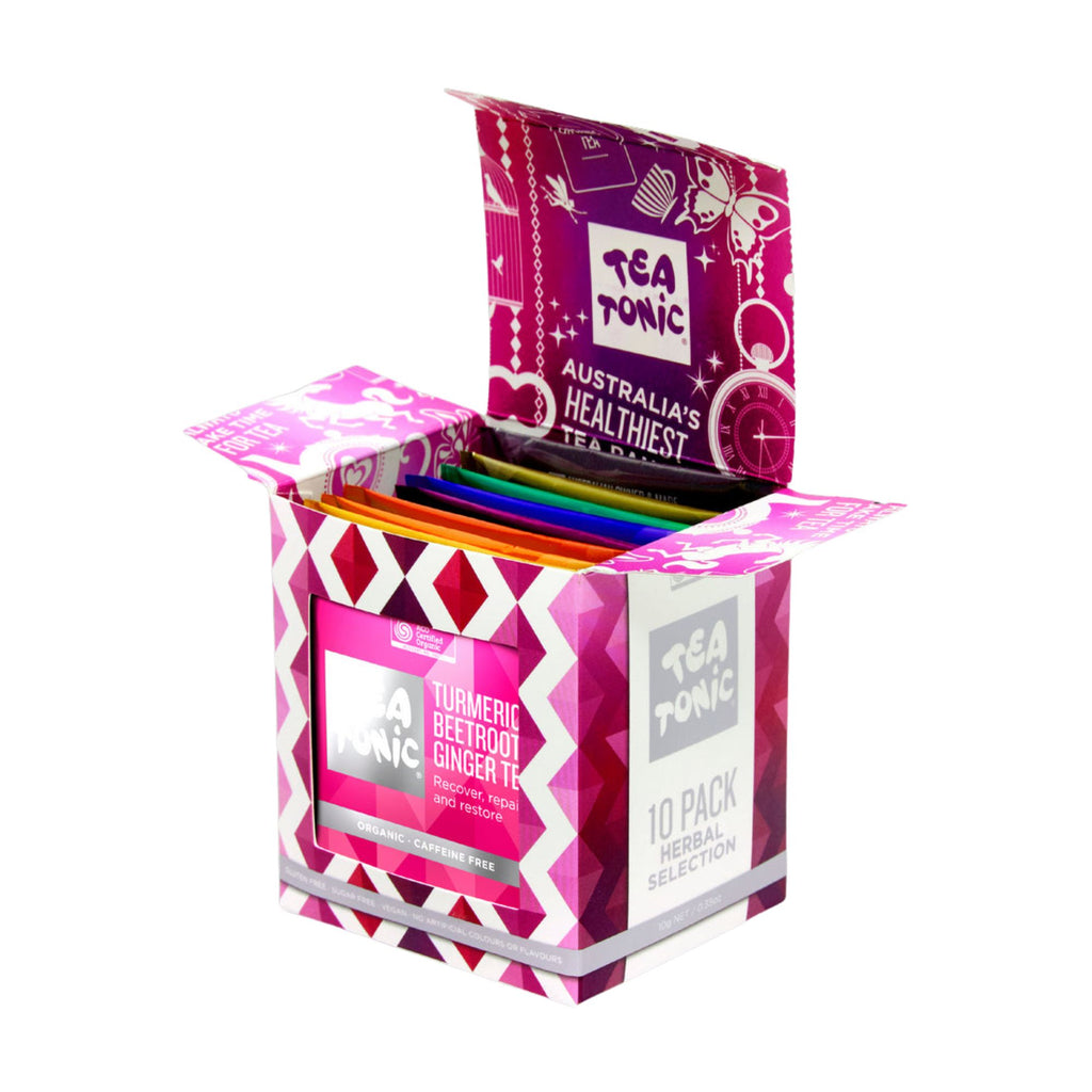 Tea Tonic 10 pack box of herbal tea. box is brightly coloured pink, purple and white