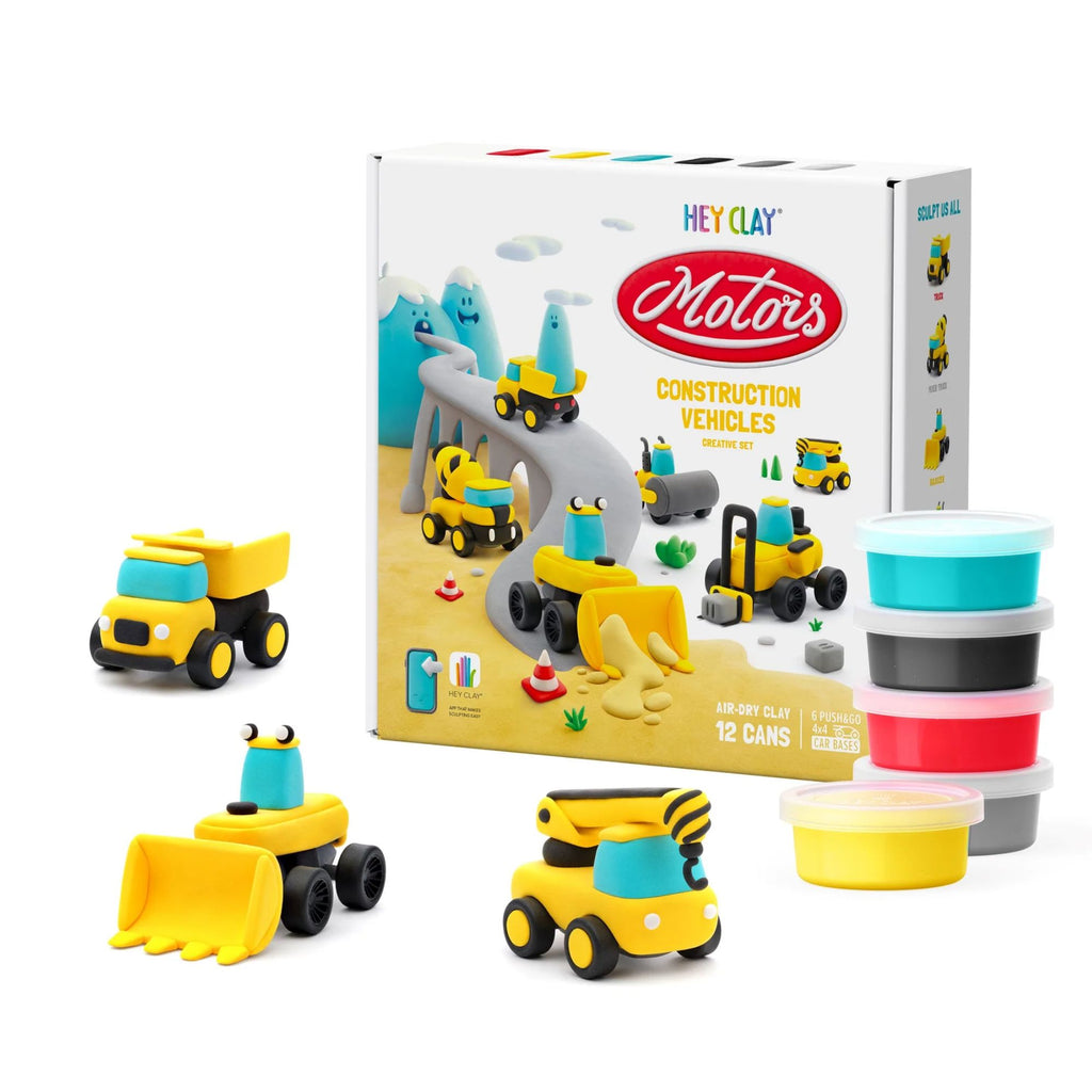 White box with  6 different construction vehicle cartoons on it, with 5 pots of clay in various colours and three figurines of construction vehicles 