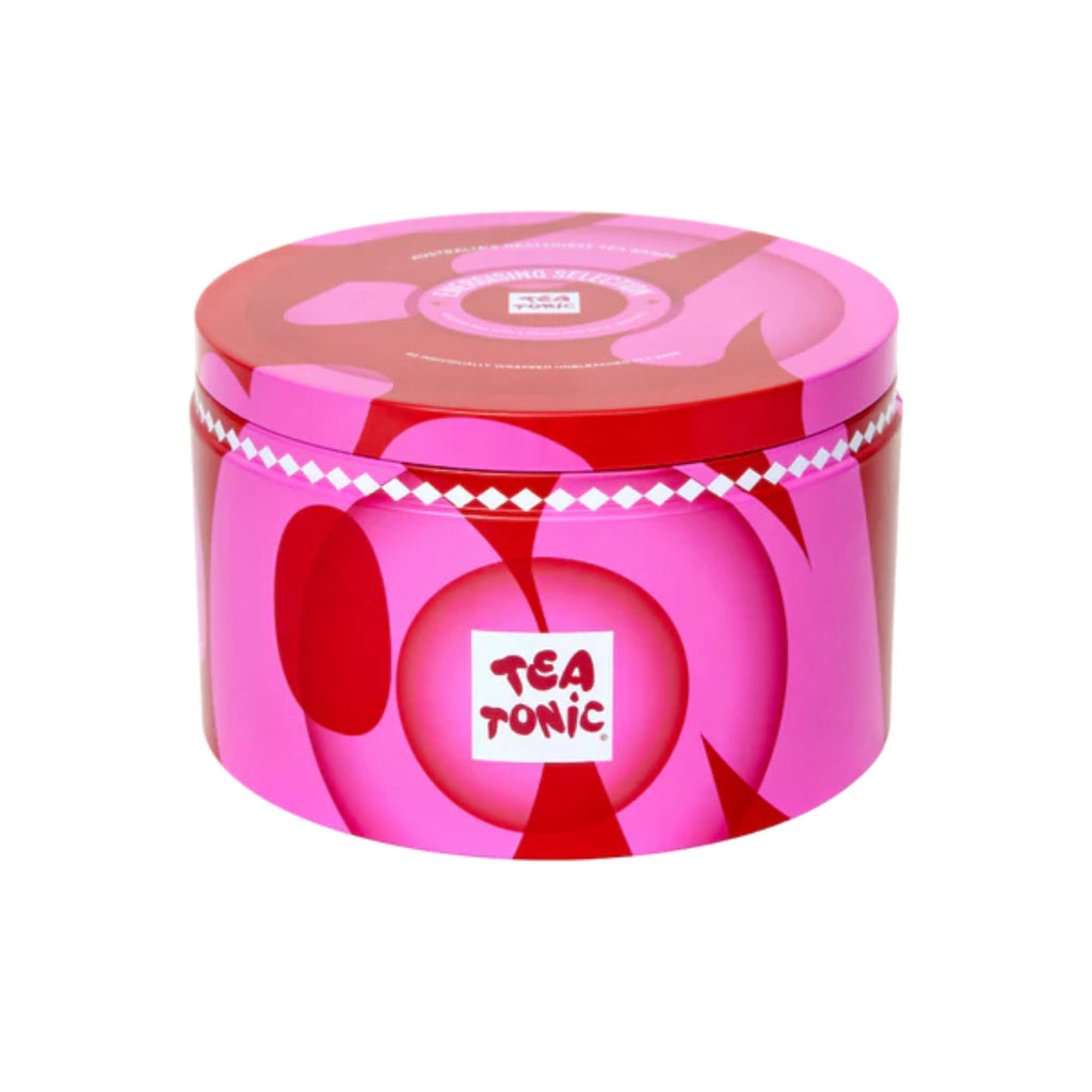 Tea Toni round pink tea tin in pink and red