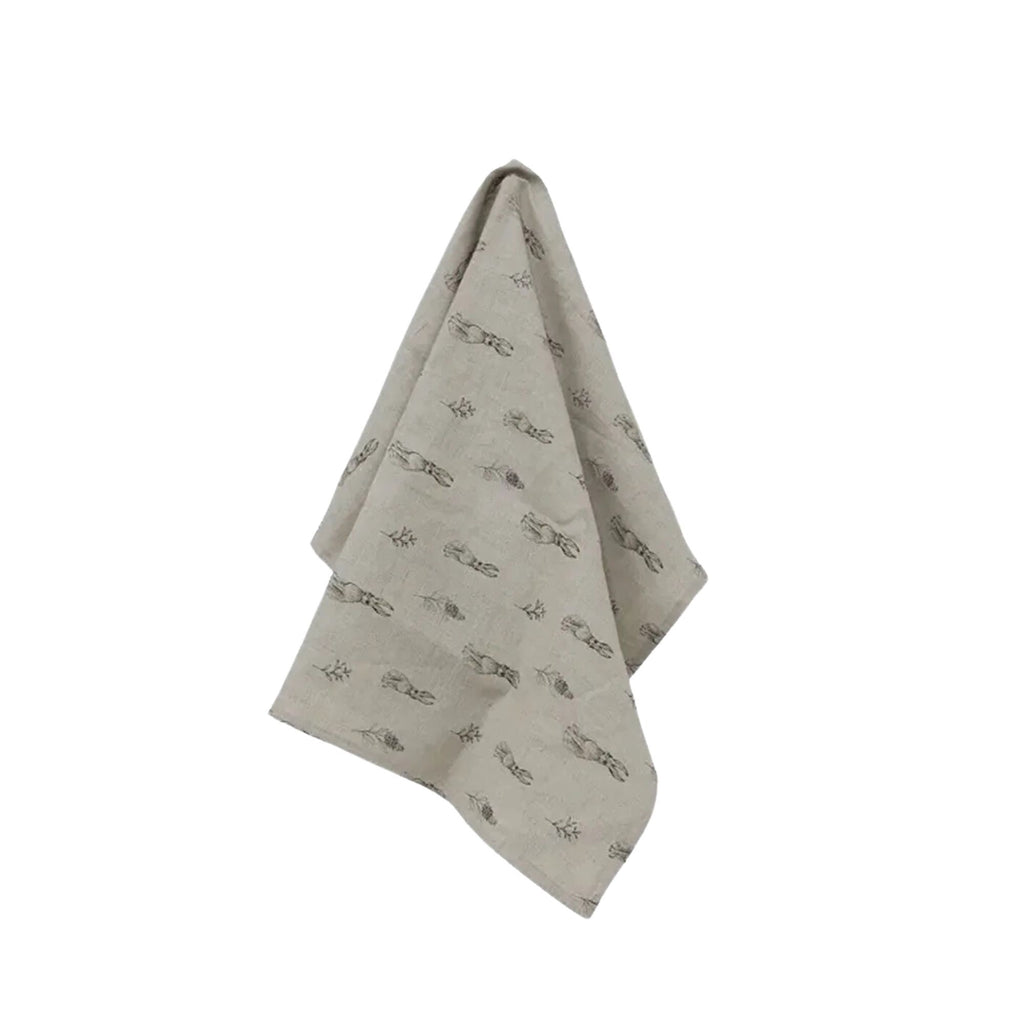 Grey tea towel with rabbits and foliage 