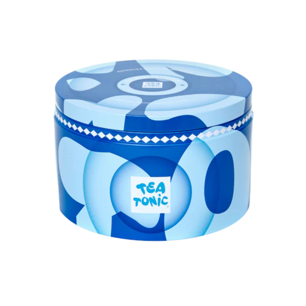 Tea Tonic round tin with a blue pattern