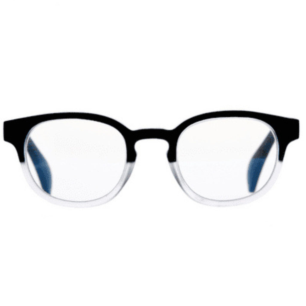 Reading glasses in black to clear gradient colour against a white background