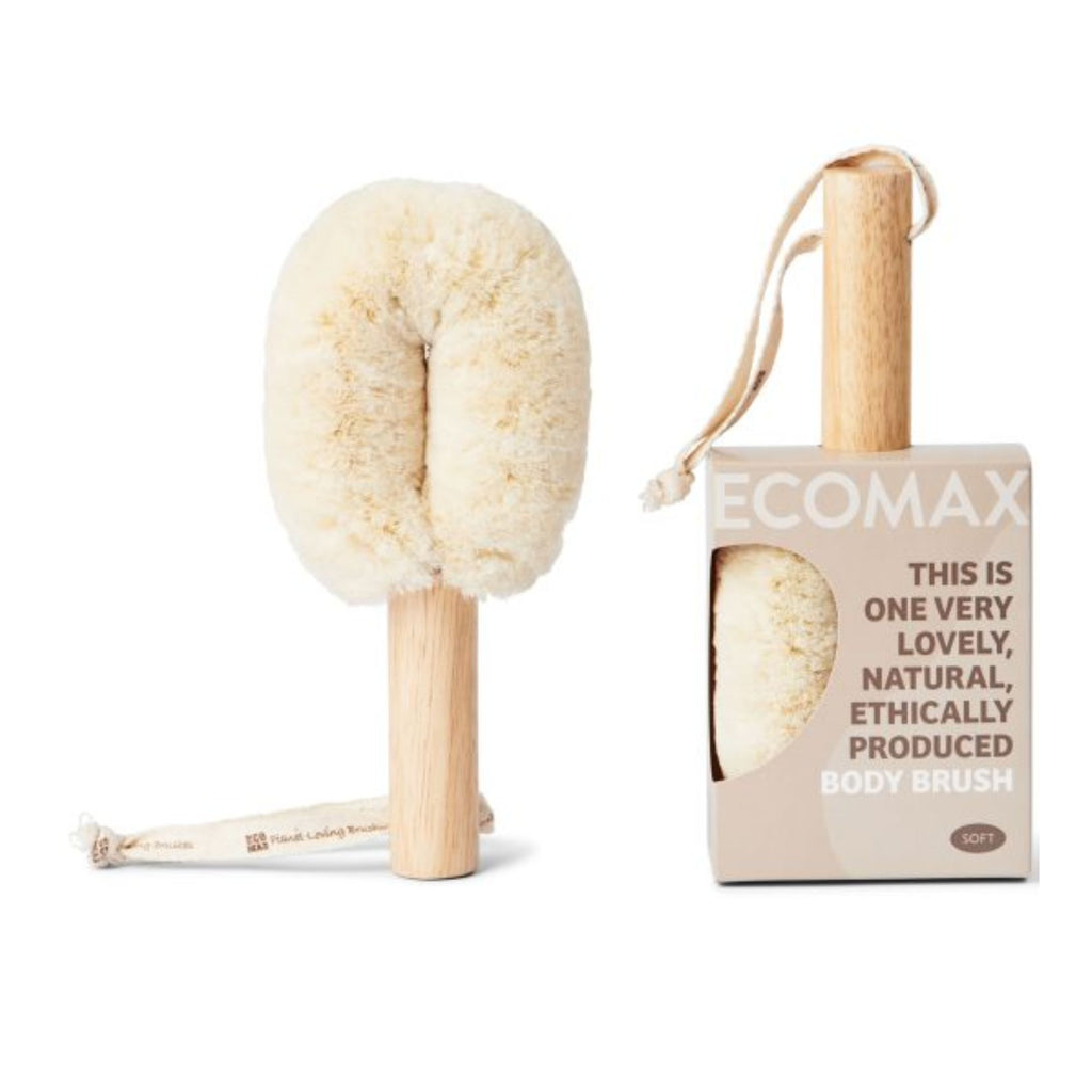 Two natural fibre brushes, one in packaging