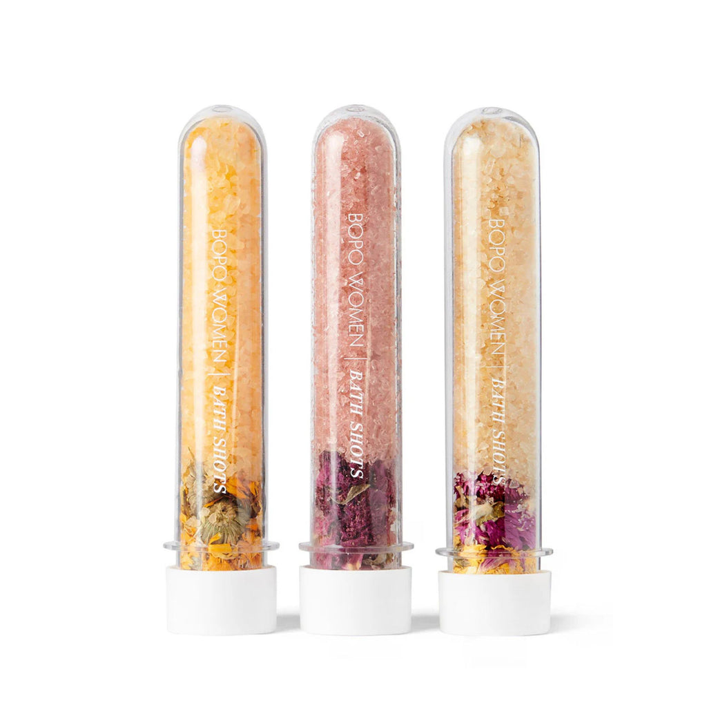 Bopo Women Bath Soak Trilogy Set. Bath salts with dried flowers in test tube jars. set of 3