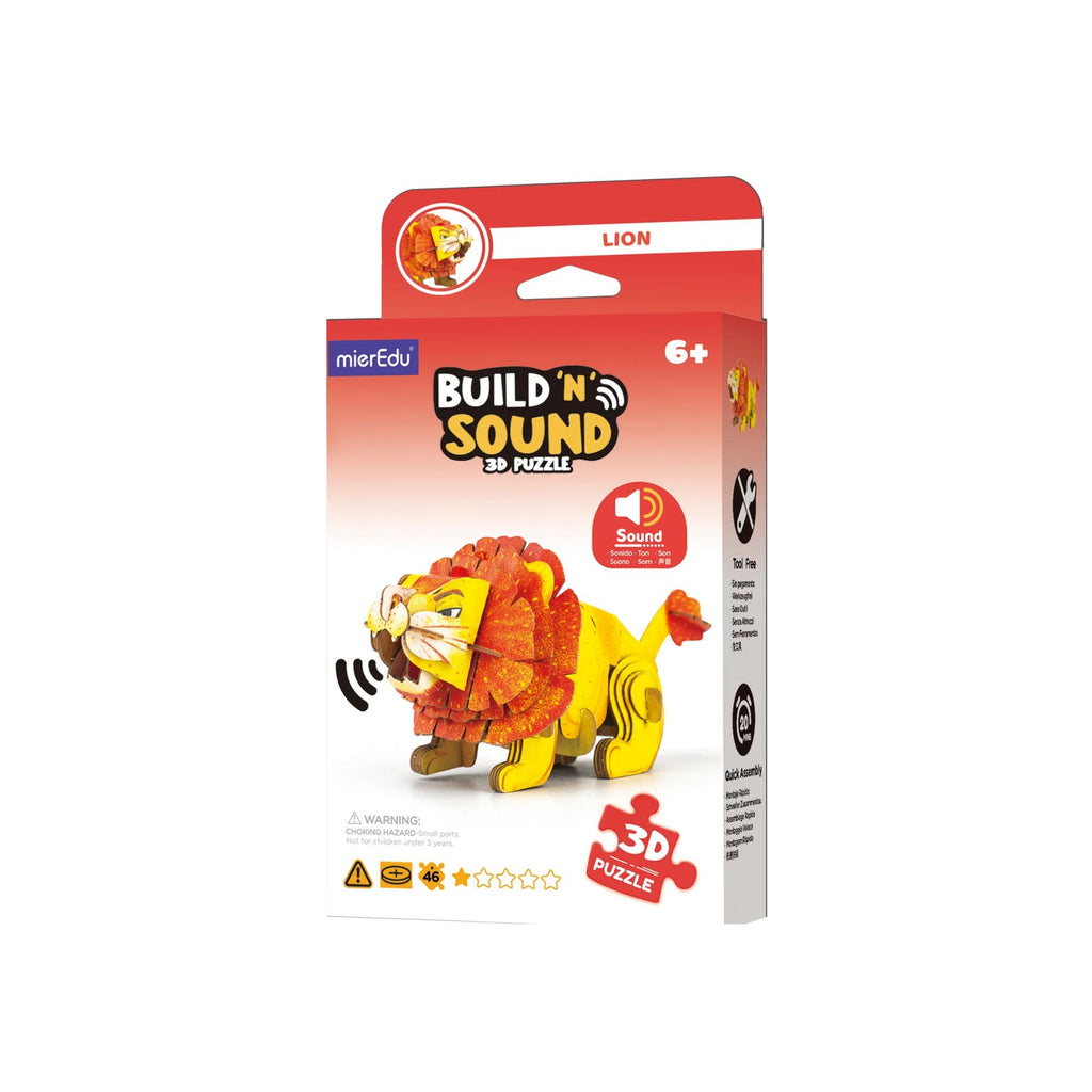 A red and white box labelled "build 'n' sound 3D puzzle with a cardboard Lion puzzle on it