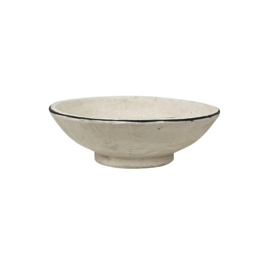 Lisbon round bowl in rustic white with a black rim