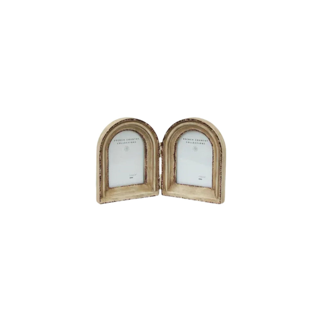 Beech Double Arch Photo Frame 2.5 x 3.5 in gold/brown resin with hinge in the middle