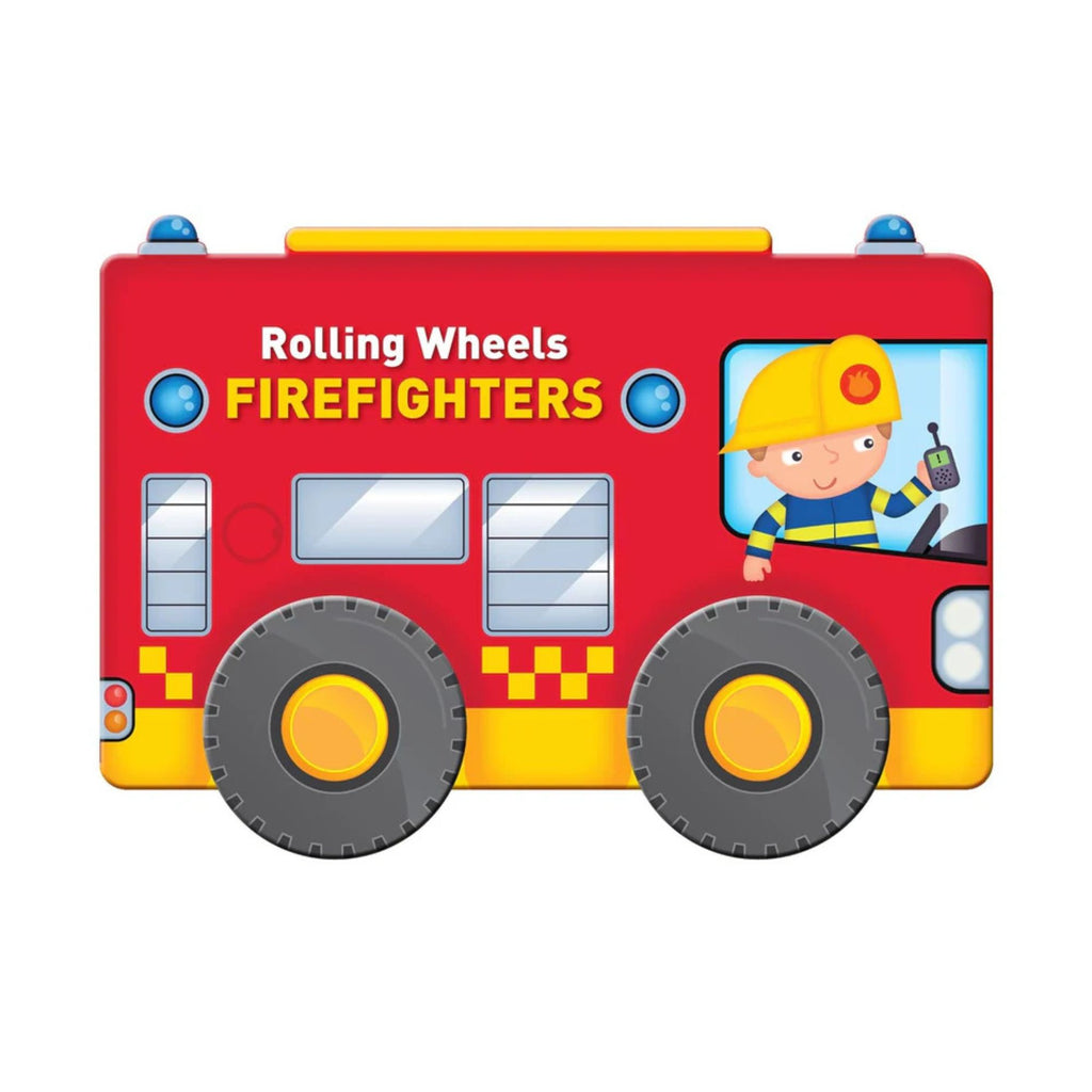 Rolling Wheels firefighters board book in the shape of a fire truck