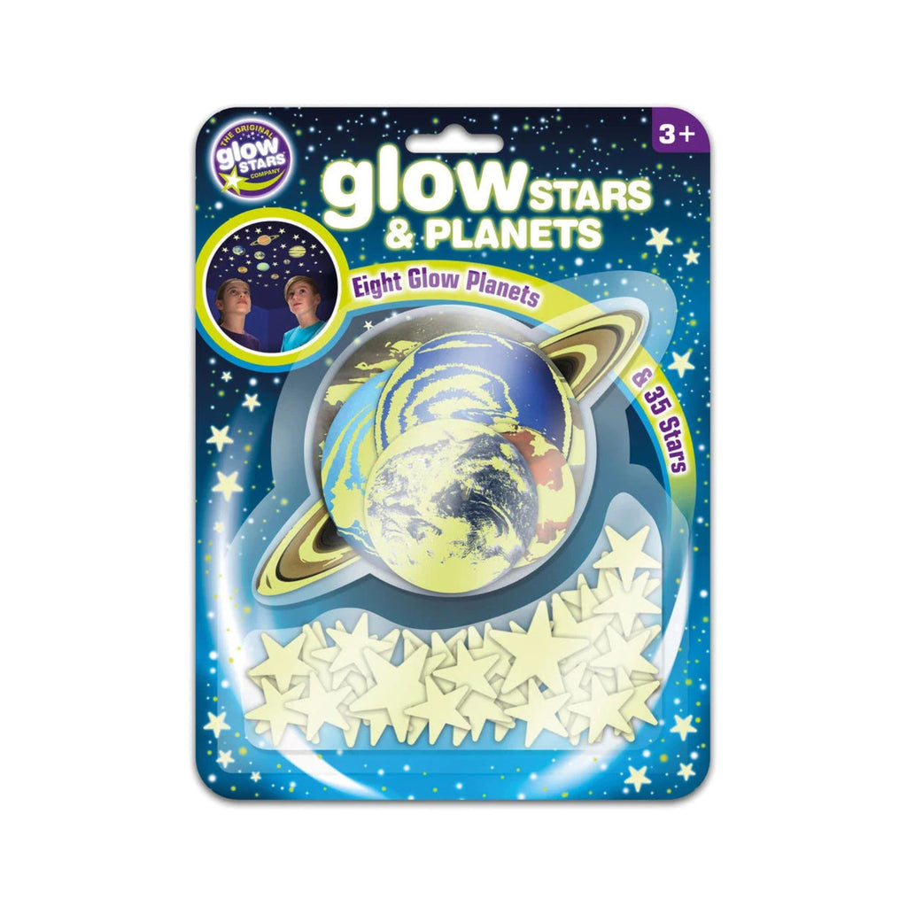 packet of glow in the dark stars and planets against a white background