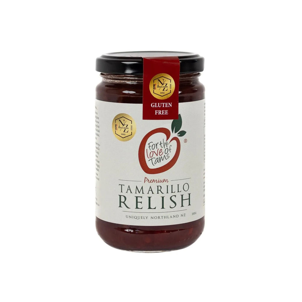 For the Love of Tams - Tamarillo Relish Jar with a white label and logo of a tamarillo