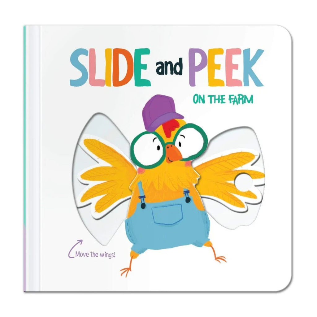 Slide and Peek On the Farm board book. White cover featuring a chicken in blue overalls