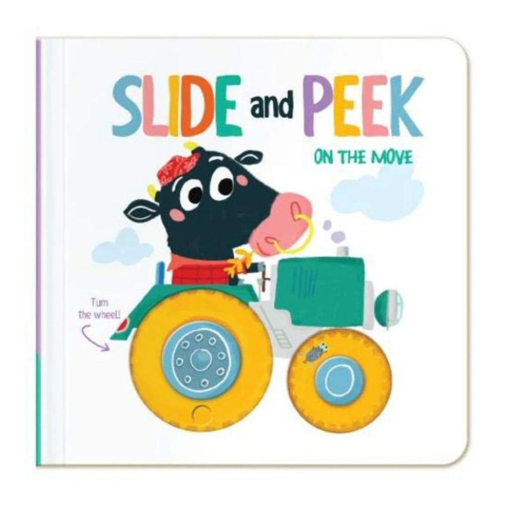 Slide and Peek On the Move board book. White cover featuring a cow on a green tractor