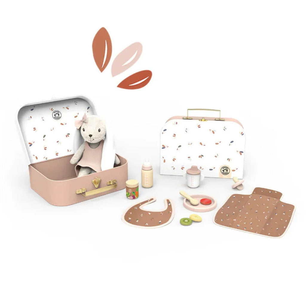 children's toy doll set with toy food, bib and feeding accessories in a suitcase box. Against a white background