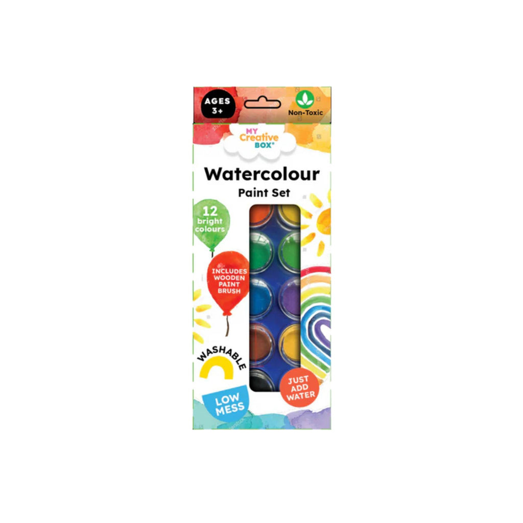 Watercolour Paint Set. Set of coloured paints in a white box with balloons, rainbow and sun painted on it