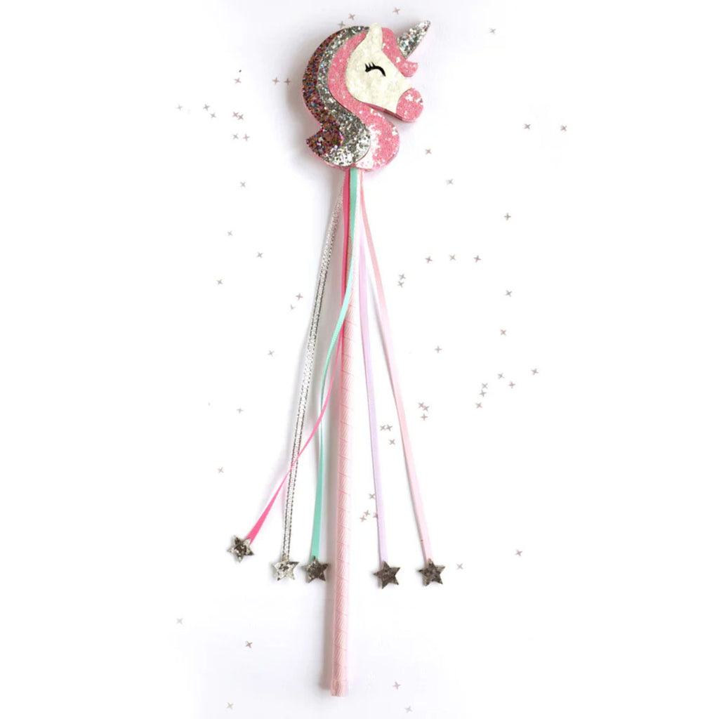 Children's play wand with a glitter unicorn head on the top and tassles with stars on the ends