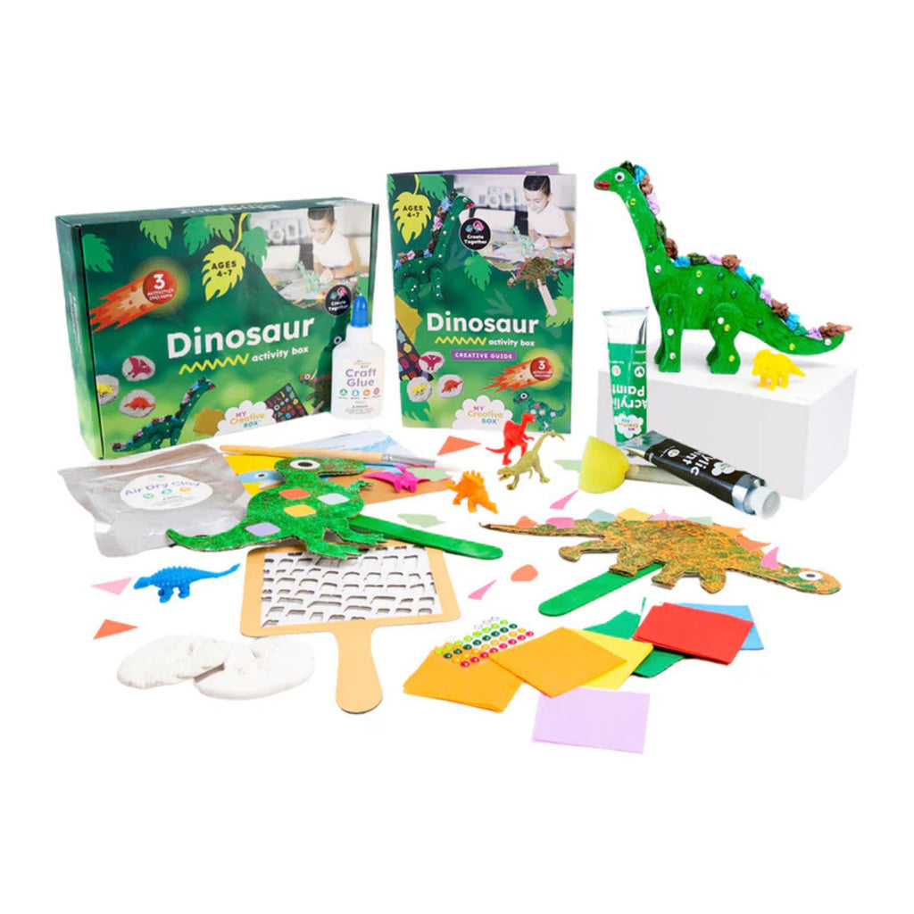 Dinosaur Mini Creative Kit featuring a dinosaur craft with coloured card stickers and shapes.