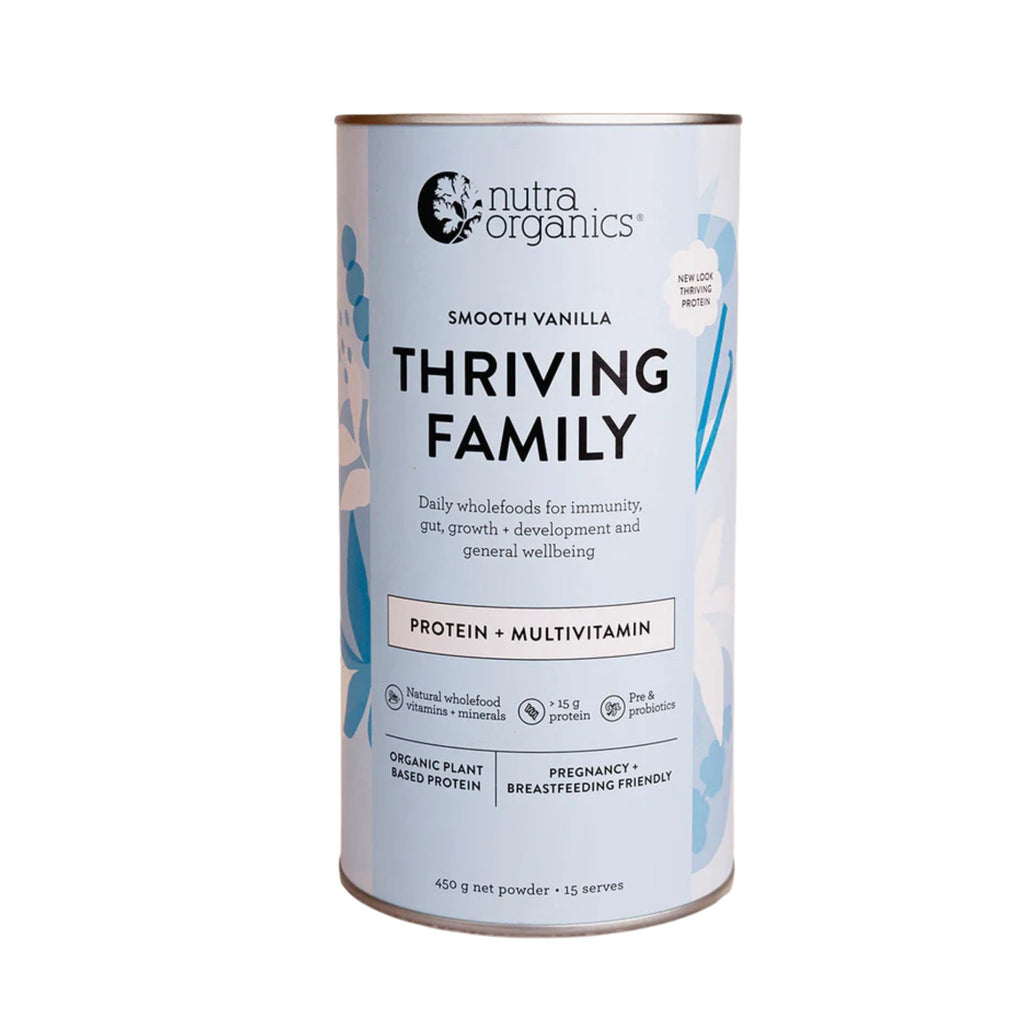 Thriving Family Smooth Vanilla tin with a blue label