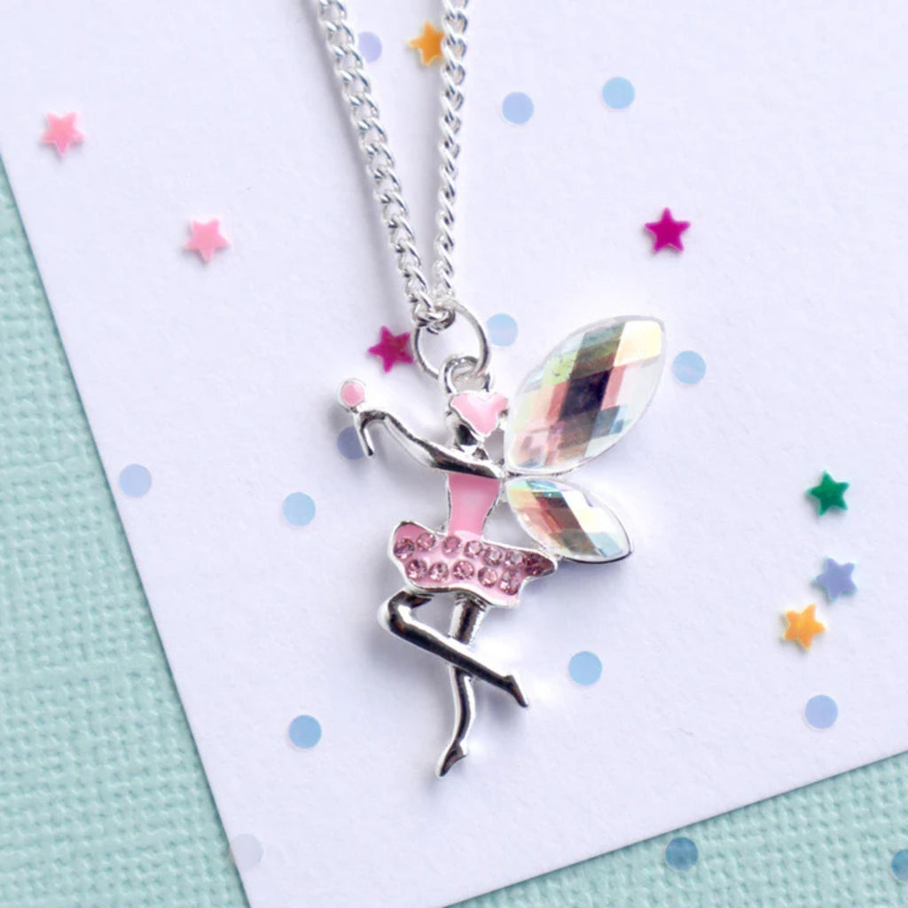 childrens silver fairy necklace on silver chain. Fairy is wearing a pink tutu