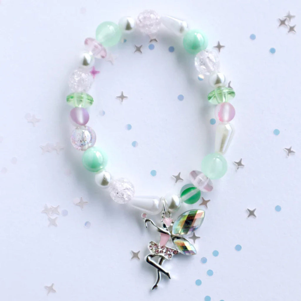 childrens fairy bracelet with coloured beads and a silver fairy in a pink tutu