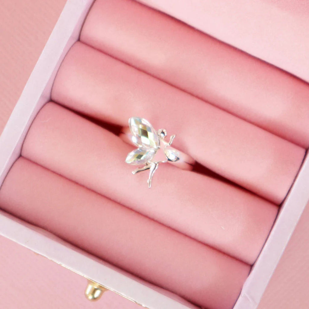 children's silver fairy ring with diamontes displayed in a pink jewellery box