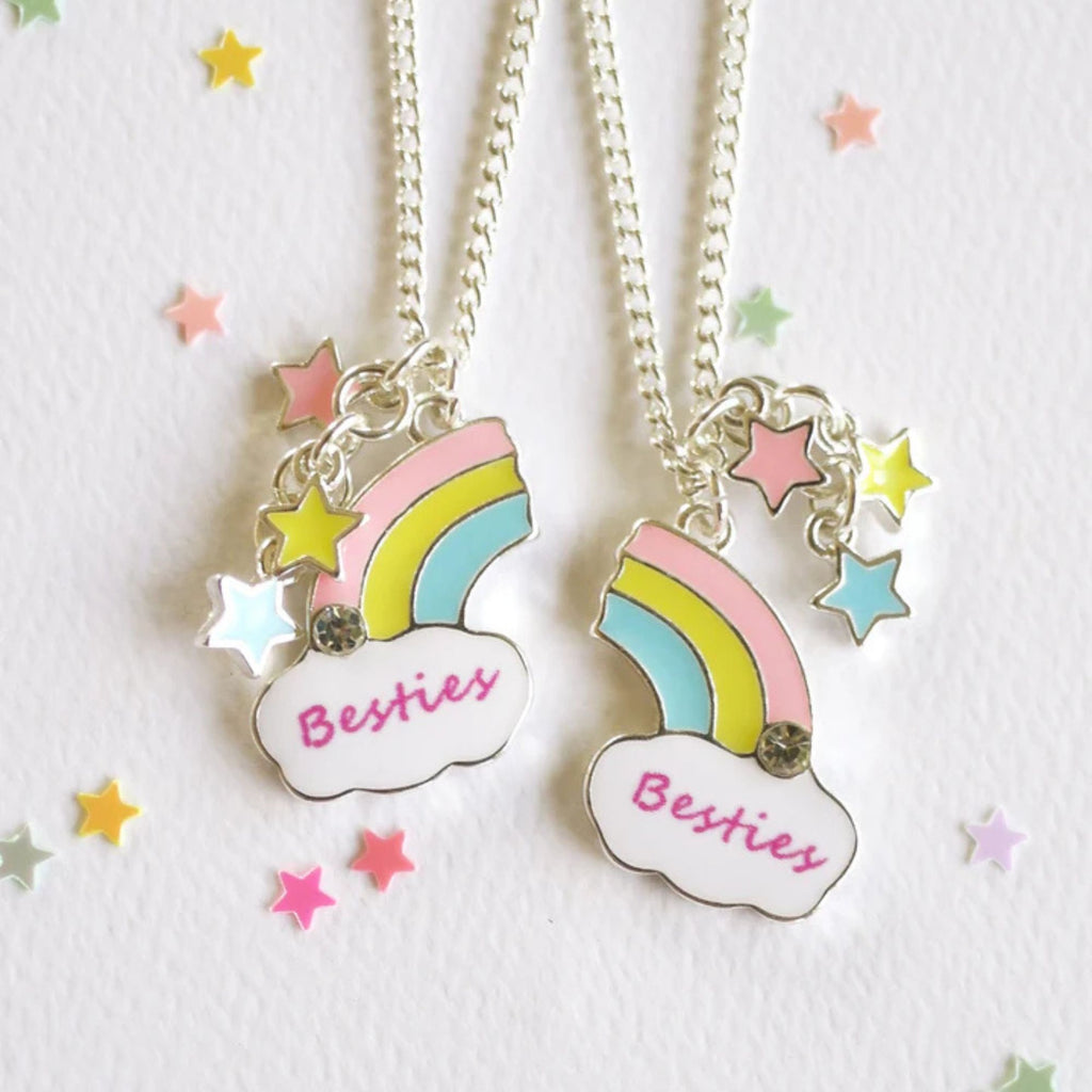 best friends necklace with half a rainbow on each necklace which joins to make one. On a silver chain with colourful star charms