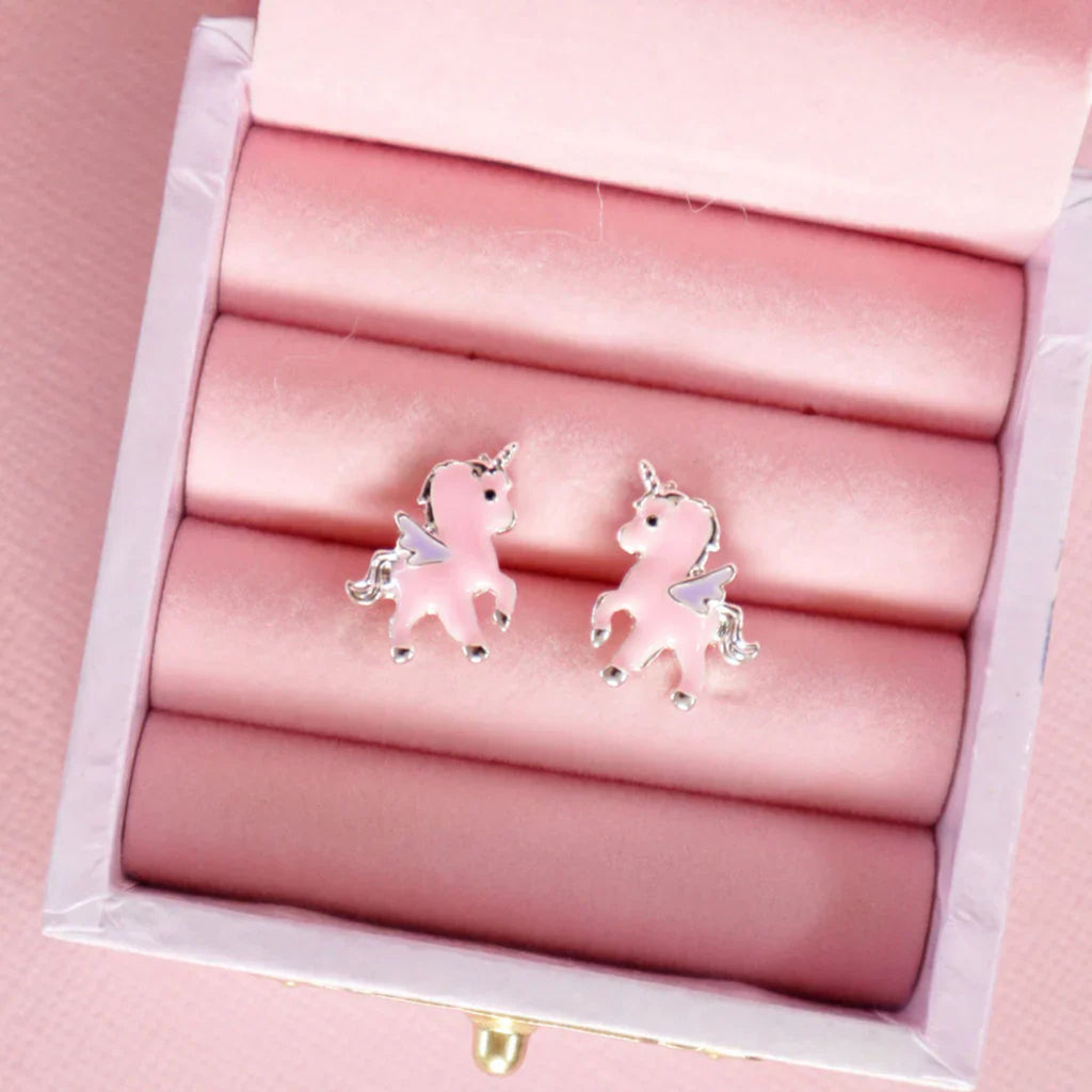 pink unicorn stud earrings in a pink jewellery box