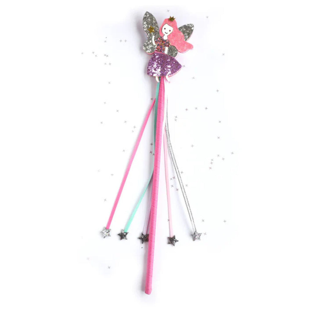 children's sparkly fairy wand with coloured ribbon tassles and silver stars on the end. Against a white background