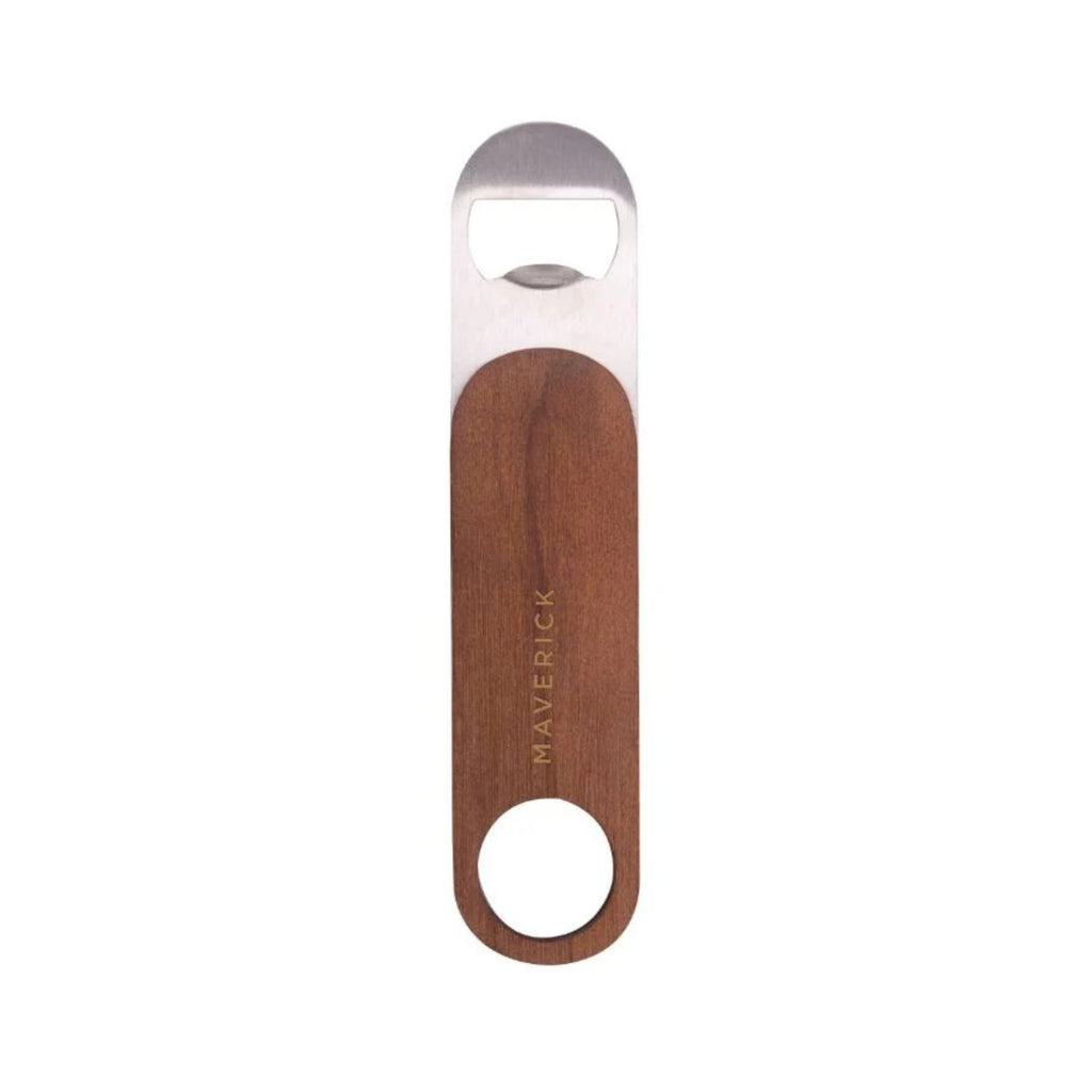 Wooden paddle bottle opener with a stainless top. Against a white background