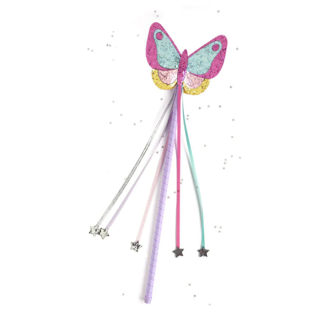 children's wand with a glittery butterfly in pink blue yellow and gold. Ribbon tassles with silver stars on the bottom. Against a white background