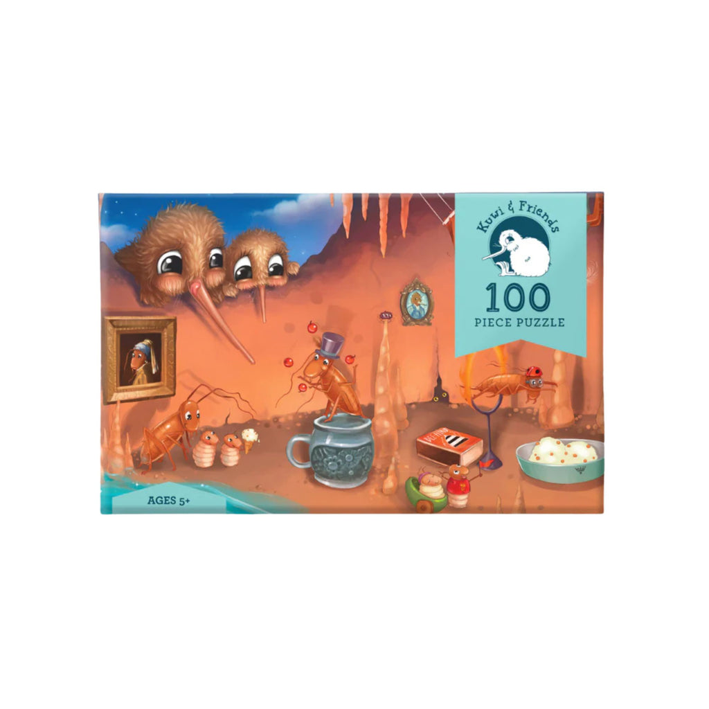 Puzzle box featuring two kiwis looking into a weka house. Illustrated  design. Box is on a white background