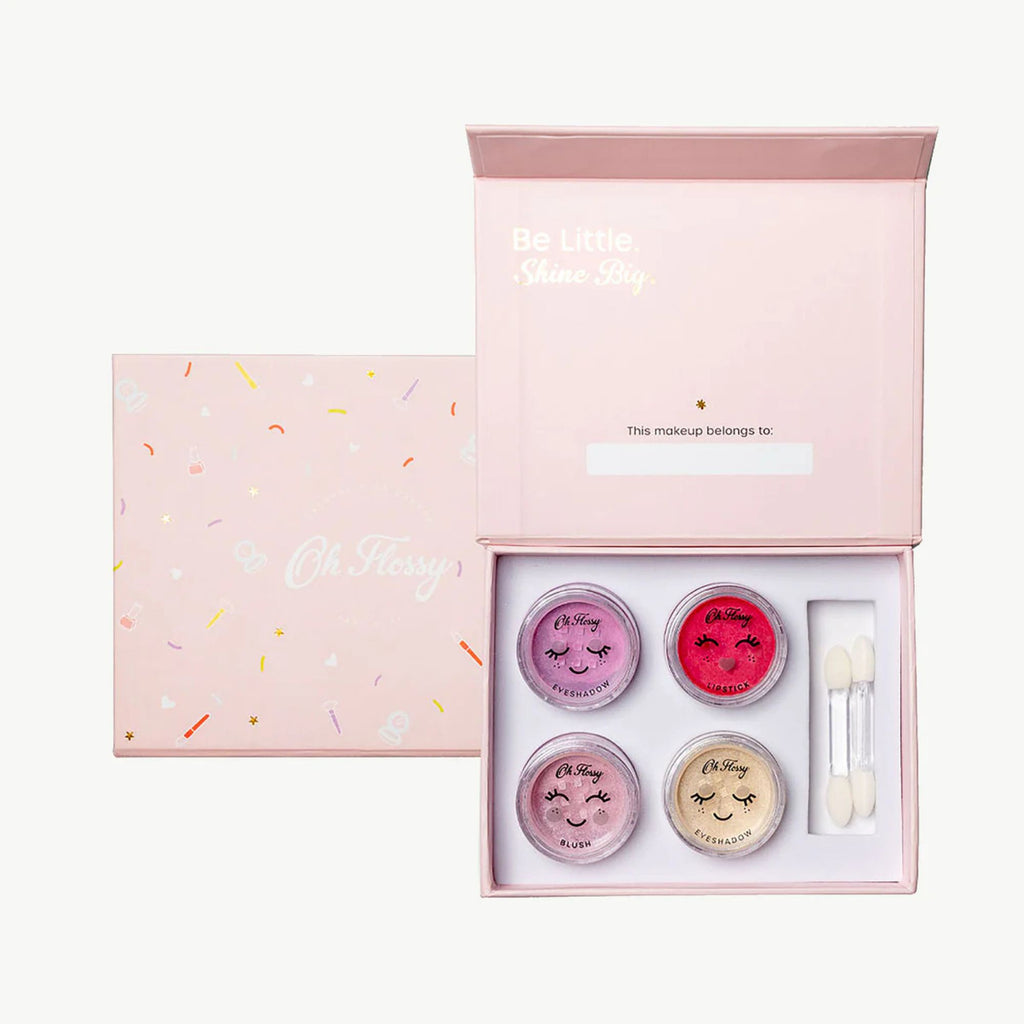 childrens make up set with four colours and applicators in a pink box against a white background