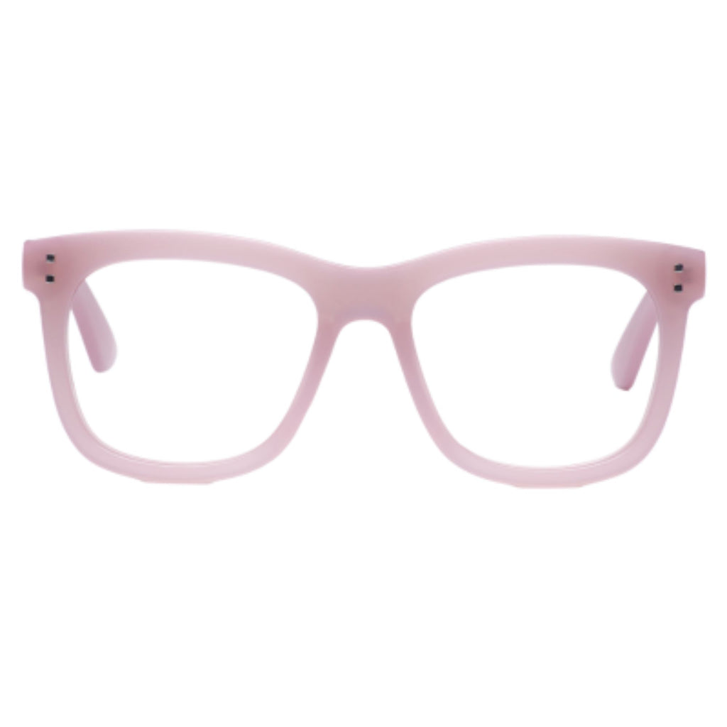 Reading glasses with a blush print thick frame. Against a white background