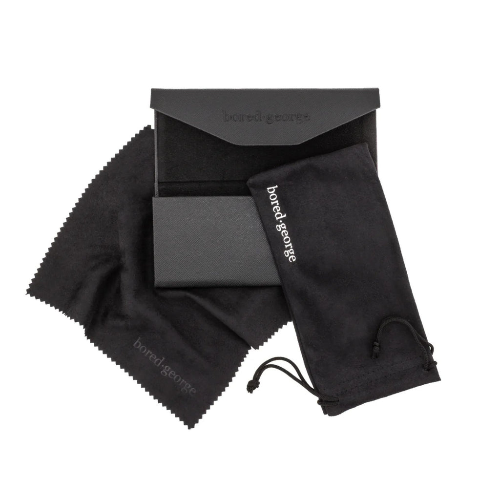 A black set of a sunglasses case, pouch and cleaning cloth