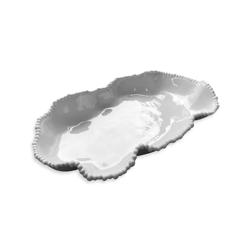 White ceramic serving dish with scalloped pearl edges 