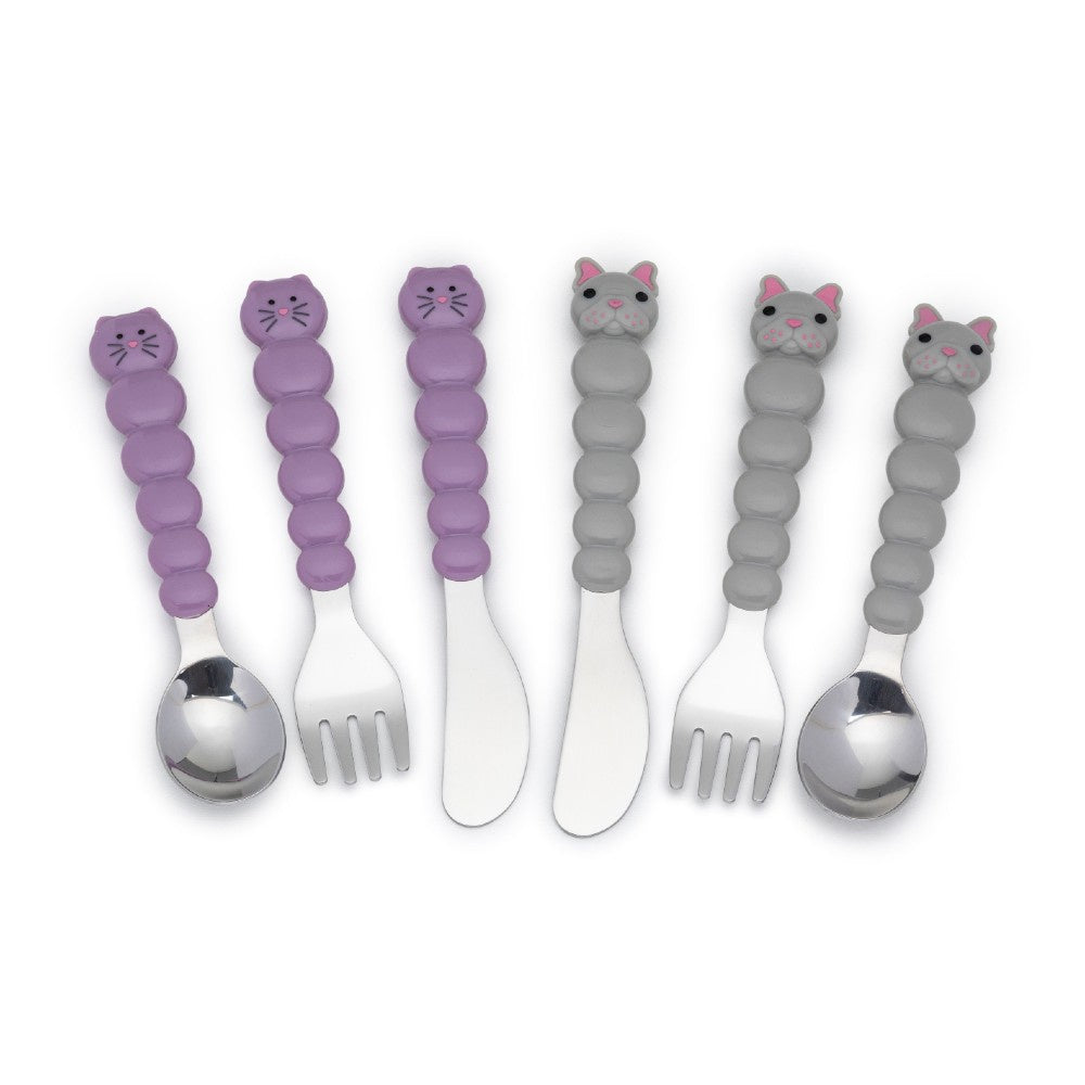 A purple cat and grey bulldog cutlery set composed of a spoon, fork and 2 knives 