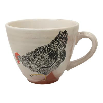 Wide white mug with a chicken print